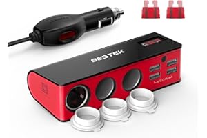 BESTEK Allume Cigare Adaptateur Chargeur de Voiture 12V~24V avec 1 Allume-Cigare Automatique 3 Prises,4 Ports USB,Fonctionnel et Sûr avec Affichage LED Voltmètre et Pieds Antidérapants - Rouge