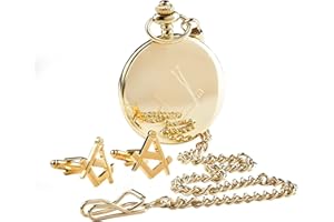 THE LUXURY VAULT Gold Freemason Pocket Watch and Cufflinks No G Masonic Gift Set in Case Full Hunter with Wooden Box