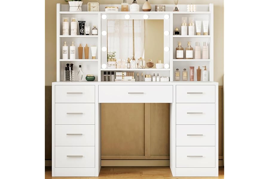 TEENFON Dressing Table with 3-Color LED Lights Mirror, Adjustable Brightness, Vanity Table Makeup Desk with 9 Drawers and 7 Storage Shelves, Modern Vanity Desk for Bedroom Dressing Room, White
