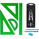 Pack of F Castell Set of Green Rules 65021 Square, Ruler and Semicircle + Moustache Compass with Universal Adapter 32722-8 +