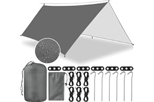 AMCHLEL Tarp Campeggio, 3x3m Telo per Tenda Impermeabile Accessori Campeggio, Tenda Parasole Protezione UV Ultra Leggero con 6 Chiodi e 6 Corde del Vento, per Campeggio, Trekking, Spiaggia, Picnic