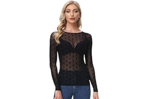 GRACE KARIN Camiseta Transparente Mujer Top de Manga Larga con Cuello Redondo