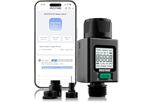 ‎RESTMO RESTMO Intelligenter Wasserzähler mit Bildschirmbeleuchtung, Messung Gallone/Liter Verbrauch & Durchflussrate, ideal für Gartenbewässerung Sprinkler & Gartenbrause - APP Control Connection
