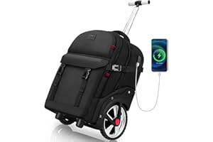 MATEIN Sac Dos Roulettes 17 Pouces avec 2 Roues, Grande Capacité avec port USB Charging et Cadenas à Combinaison, 2 en 1 Trolley Résistant et Anti-vol, Hommes Adulte Cartable Voyage d'Affaires, Noir
