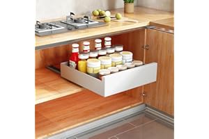SAYZH Pull Out Cabinet Organizer, Slide Out Drawer Storage Shelves for Kitchen Cupboard, Roll-Out Extendable Sliding Drawer, (35 CM W x 43 CM D x 9CM H)， (White)