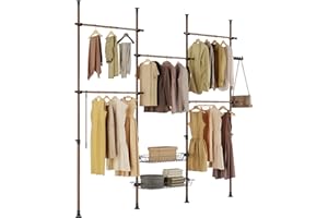 SoBuy Telescopic Clothes Rail, Heavy Duty Clothes Rack, Adjustable Open Wardrobe with Hanging Rails & Shelves for Bedroom, Walk-in Closet Brown KLS04-II-BR