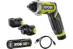 RYOBI Tournevis 4V USB Lithium - 5 Nm - éclairage LED - Câble USB-C - 1 batterie 4V 2,0 Ah USB Lithium - Livré en coffret avec 10 embouts de vissage, un renvoi d'angle et un mandrin déporté - RSD4-120TA2