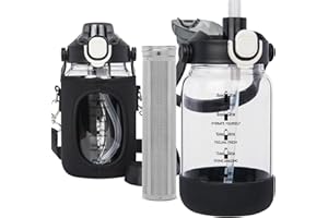 Seekua 1l Trinkflasche Glas mit Strohhalm & Sieb, 1 liter Cold Brew Flasche mit Filter für kaltgebrühten Kaffee, oder Eistee, Teeflasche