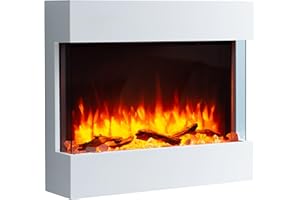 BALDERIA Chimenea eléctrica de pared Alva | Efecto de llama 3D | Calefacción eléctrica 2000 W | Iluminación ambiental LED | Mando a distancia, temporizador, encendido programable y termostato | Blanco