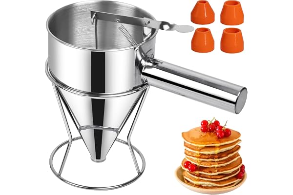 Sopito Entonnoir a Piston Inox, 1,2 Litre Entonnoir Cuisine Piston Patisserie avec Support et Quatre Embouchures en Silicone, Distributeur de Pate pour Gâteaux, Crêpes et Desserts