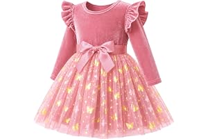 JiAmy Baby flicka sammet fjäril tyllklänning festlig långärmad 12M-5J.