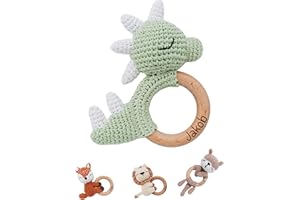 Bärenfreunde® - Personalisierter Beißring Baby - Niedlicher Greifling für Baby's ab 0 Monate - Babyrassel mit Name als Baby Geschenk für Mädchen und Jungen (Dino grün liegend,ohne Name)