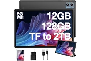 DEERTiME 2026 Newest Tablette 10 Pouces Android OS Tablette Tactile, Octa-Core, 5G WiFi 12Go RAM+128Go ROM(TF 2TB), Bluetooth 5.0, Dual Camera, 6000mAh, Type-C, avec Cas - Noir