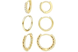 LOLIAS 3 Pares Pequeños Pendientes de Aro para Mujeres Niñas Hombres - Acero Inoxidable Aretes Cartílago Trenzados Oro 14K Hipoalergénicos Circonita Cúbica