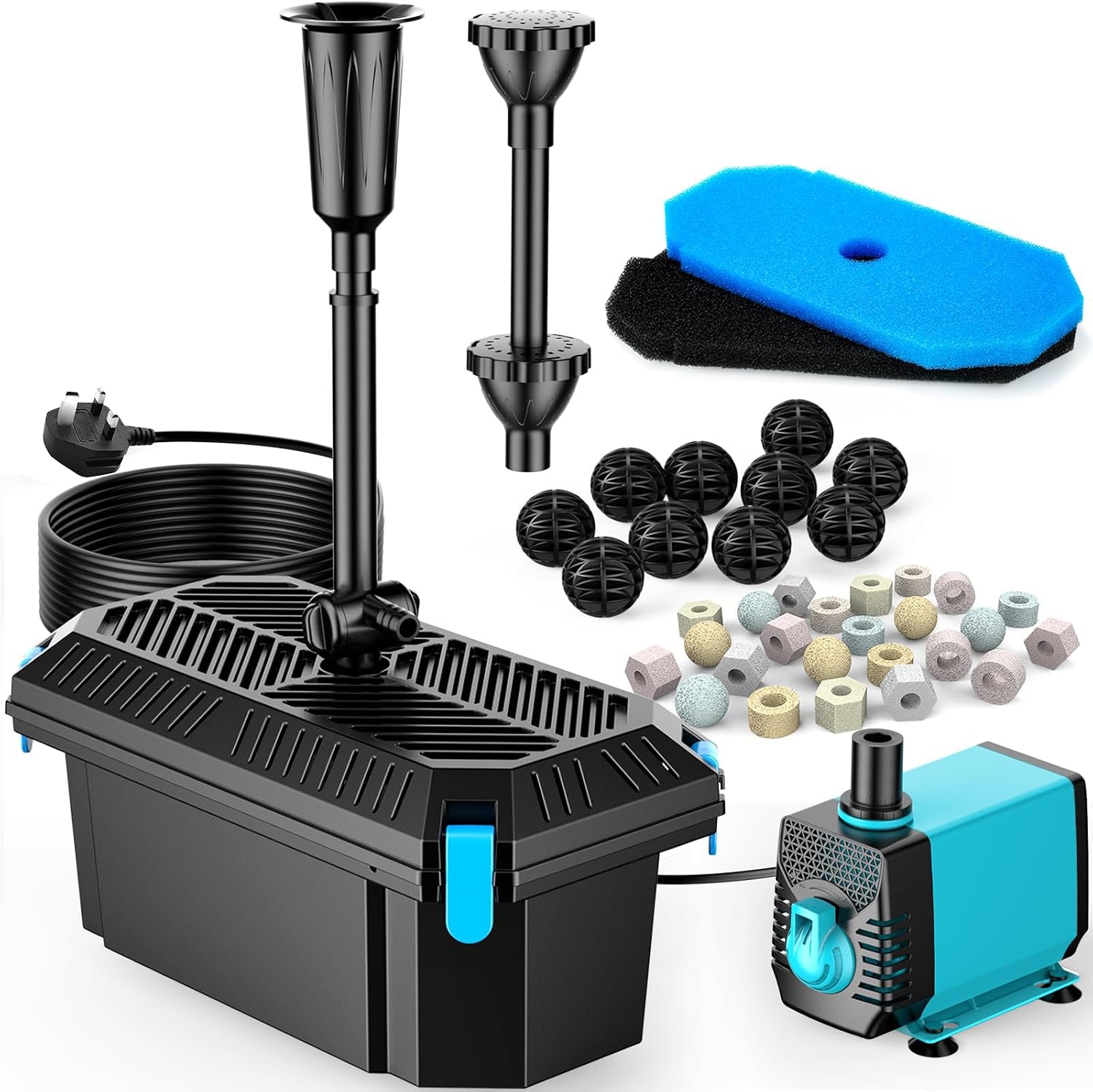 POPOSOAP Pond Filter with Pump Fountain Kits, 2500 L/H Pond Filter with 40W Pond Pump & Fountain Kit, Koi Pond Filters for Outdoor Ponds Clean, Clear, and Add Water Features(Corded Electric)