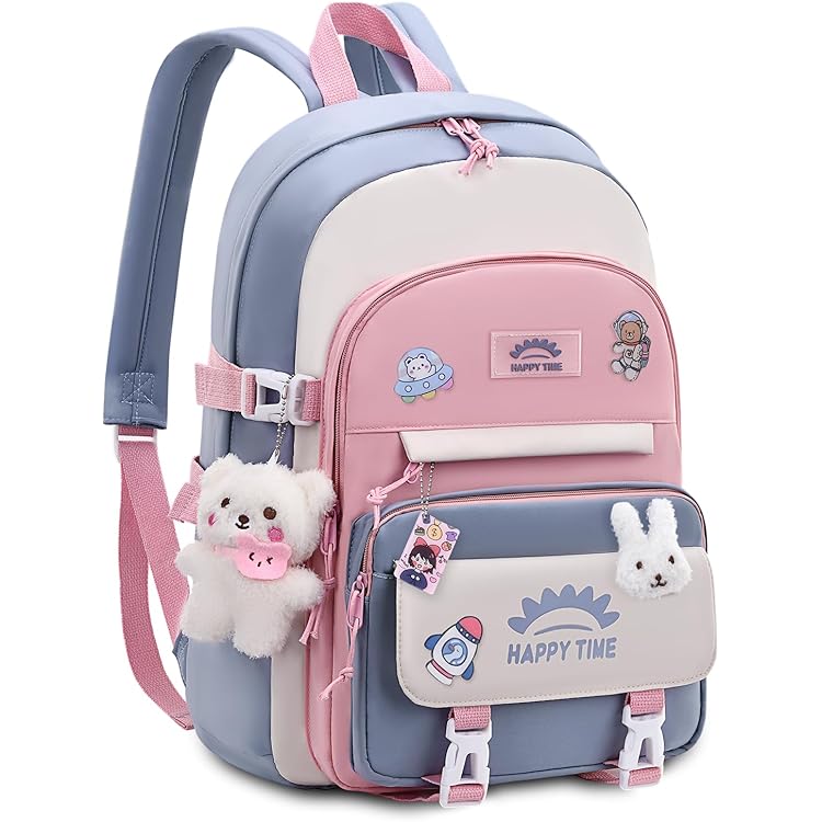 Tanou schooltas voor meisjes rugzak voor kinderen, 3-delige schooltas met lunchpakket en etui, Kawaii koelkast-stijl schoolrugzak voor meisjes klas 1 tot 5, blauw