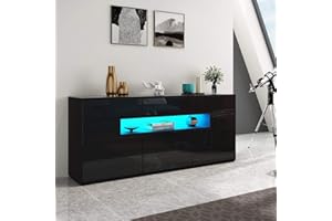 Senvoziii Sideboard Kommode 3 Türen 5 Schubladen mit LED Vitrine Wohnzimmer Hochglanz Buffetschrank Anrichte für Küche Esszimmer Wohnzimmer Schwarz