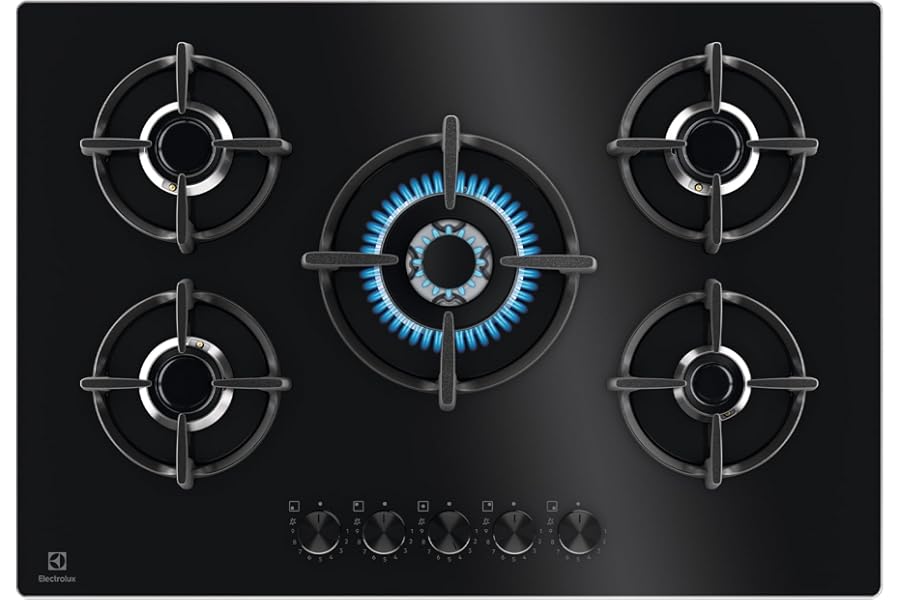 Electrolux EGG75372K 600 Series Gas Hob, Built-in Gas on Glass, 75 cm, 5 Burners, Quick Burner, Wok Burner, Precise Flame Adjustment, Sicurgas Safety, 740 x 510, Black