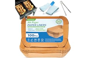 POSH CHOICE 100PCS Ninja Air Fryer Liners | Air Fryer Liners for Ninja Dual, Parchment Paper | Disposable Air Fryer Liners for AF300UK/AF400UK | Silicone Brush | Microfibre Cloth | Steel Tong