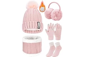 Voqeen Knitted Hat Scarf Gloves Set 5 Pcs Winter Set Ladies Cold Weather Sets Touch Screen Gloves Beanie Hat Scarf Thermal Socks Plush Ear Warming Outdoor Sports Set for Christmas Gifts