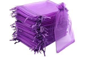 Leeyunbee 100 szt. Fioletowe woreczki z organzy 10 x 15 cm woreczki z organzy, woreczki, na prezent, biżuteria, ślubne torebki na cukierki, na imprezę festiwalową i wesele, satynowy sznurek