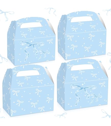 JeVenis Blue Bow Party Favor Boxes - 12 Pack, Gift Treat Bags For Birthday, Baby Shower, Bachelorette, Candy & Snacks