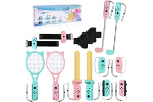 ACEMALL 14 in 1 Switch Sports Accessories Set for N-S Sports Game, 2022 Somatosensory Bundle NS OLED Family Game with Golf Clubs, Tennis Rackets, Fencing Grips, Bowling Grip, Hand Ropes, Wrist & Legs Bands