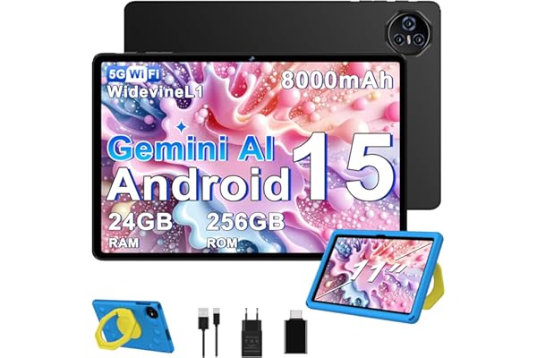 BIEGEDY 2026 último Tablet 11 Pulgadas Android 15 Gemini AI, 24GB RAM+256GB ROM 2TB/TF Octa-Core 8000mAh, GMS, 5MP+13MP, 5G WiFi, Facial ID, Tablet Niños Azul EVA Funda Protectora