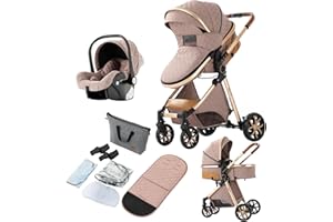 Reenborn Poussette 3 en 1, Poussette Bebe avec Réversible Deux Façons de Pousser, Pousette avec Cadre Aluminium Haute Paysage, Pousette 3 en 1 avec Conception Pliable en Un Clic (V9 Khaki)