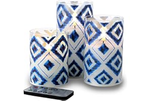Eywamage Blue Glass Flameless Candles with Remote Flickering LED Battery Pillar Candles Home Decor Gift D 3" H 4" 5" 6"
