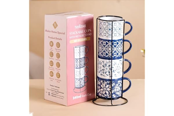 Nestasia Stackable Ceramic Cups Set of 4 (240 ml Each) Microwave & Dishwasher Safe Tea & Coffee Cups with Glossy Finish Ideal for Gifting (Floral Blue)