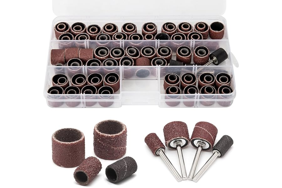 104Pcs Sanding Band Drum Sleeve 60 120 320 Grit 1/4" 1/2" Nail Drill Sander with 4 Drum Mandrel for Dremel Rotary Tool