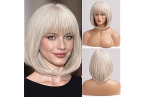 ‎HAIRCUBE HAIRCUBE Charming Creamy White Kurze Bob Perücken mit Pony Synthetische Hitzebeständige 12 Zoll Perücken für Frauen