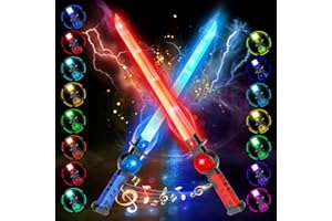 VATOS 2PCS Sabres Lumineux Rechargeables pour Enfants, 15 Couleurs Variables avec Effets Sonores de Combat, Jouet de Sabre Lumineux LED Rétractable 2 en 1 pour Cosplay, Fêtes sur Samouraïs