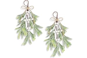 KKSTY 2 Pcs Artificial Mistletoe Christmas Decoration, 10.6 Inch Snowy Mistletoe Sprigs with Berries Kissing Mistletoe Hanging Decorations Spray for Winter Holiday Home Decor (White)