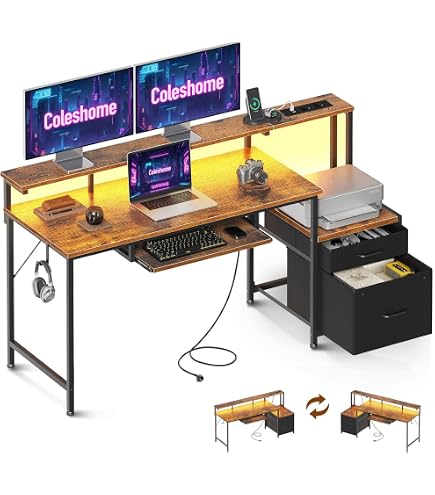 Coleshome Bureau Gaming avec LED, 130 x 100 cm Réversible Table Gaming Coleshome Bureau Gaming avec LED, 130 x 100 cm Réversible Table Gaming