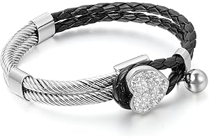 JewelryWe Męska damska skórzana bransoletka ze stali nierdzewnej miłość serce amulet pleciony mankiet bransoletka srebrna