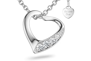 AMOONIC Herzkette Silber 925 I Halskette Damen mit Zirkoniasteinen I Variable Kettenlänge von 45-50cm I Herzkette zum Verschenken I Liebesgeschenk I Herzplättchen mit Gravur I Silberkette mit Herz als "Ich liebe Dich" Geschenk für Frauen Mama Freundin Valentinstag Weihnachten