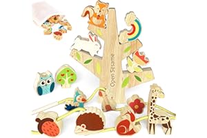 GOUJFOL Juguetes De Madera, Montessori Juegos de Apilamiento Infantiles, Bebé Enhebrar Cuentas Madera Equilibrio Animales Bloques, Regalo para niña niño 2+ Años