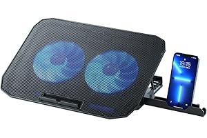 NK Laptop Cooler Stand - Ventola per computer portatili da 12 a 17 pollici con 5 supporti regolabili in altezza, 2 ventole silenziose, 2 porte USB, raffreddamento rapido, luce LED blu - Colore nero