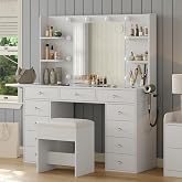 Yanosaku Dressing Table with Power Supply 47 Inches Wider with Mirror and 12 LED Lights 3 Color Lighting Modes 11 Drawers 4 S