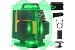 OMMO 4 x 360° Kreuzlinienlaser Grün, 16 Linen Selbstnivellierender Linienlaser, 2 x Wiederaufladbare Batterie, Genauigkeit: ± 0,2 mm/m, IP54 Wasserschutz, 1/4“ Gewinde, Hebebasis, Magnethalterung