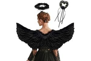 Goenb Ali d'angelo luminose, costume da angelo per donne adulti ragazze bambini ali d'angelo e accessori aureola per feste di Halloween (Nero Adulto)
