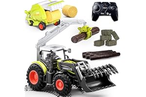 PENGBU RC Trattore telecomandato telecomandato con rimorchio, 2,4 GHz trattore giocattolo con camion per balle e camion per legno, giocattolo per trattori a partire dai 3 anni e pressa per balle