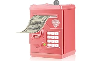 Qwifyu Piggy Bank for Boys Girls, Kids Safe Money Bank for 4 5 6 7 8 9 10 Year Old Girl Boy Birthday Gift,Electronic Password Money Saving Box ATM Safe Bank Toys for Kids (Coral Color)