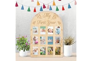ORIGACH Tableau en bois « My First Year » – Cadre photo neutre pour nouveau-né – Souvenir de bébé pour 1er anniv. – Décoration chambre enfant