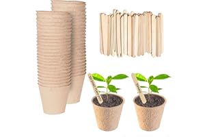 Green Thumbz Plant Pots - 100 Pack (6cm) Fibre Pots for Seedlings with Wooden Labels for Easy Transplanting - Small plant pots for Seedlings, Vegetables, Flowers and Herbs