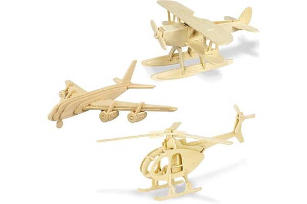 Georgy Porgy Kits de Construction en Bois Puzzle en Bois 3D Scie Sauteuse Modèles Casse-tête Maquettes en Bois pour Les Enfants Jouet 5 Ans et Plus Lot de 3 (Hydravion Hélicoptère Avion Civil)