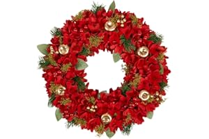 DIBOR Scarlet Red Christmas Wreath with Golden Apple Decorations Floral Front Door Wall Hanging Festive Garland Ornament