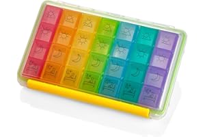 MEDCA Tygodniowy organizer na pigułki - przenośny 4 razy dziennie - odporny na wilgoć futerał na pigułki AM/PM, kolorowe 7-dniowe pudełko na pigułki z etykietami na receptę, leki, witaminy i suplementy